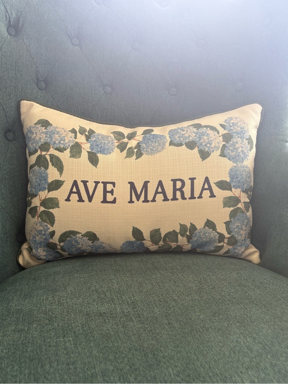Ave Maria Floral Accent Pillow - Blue on Cream